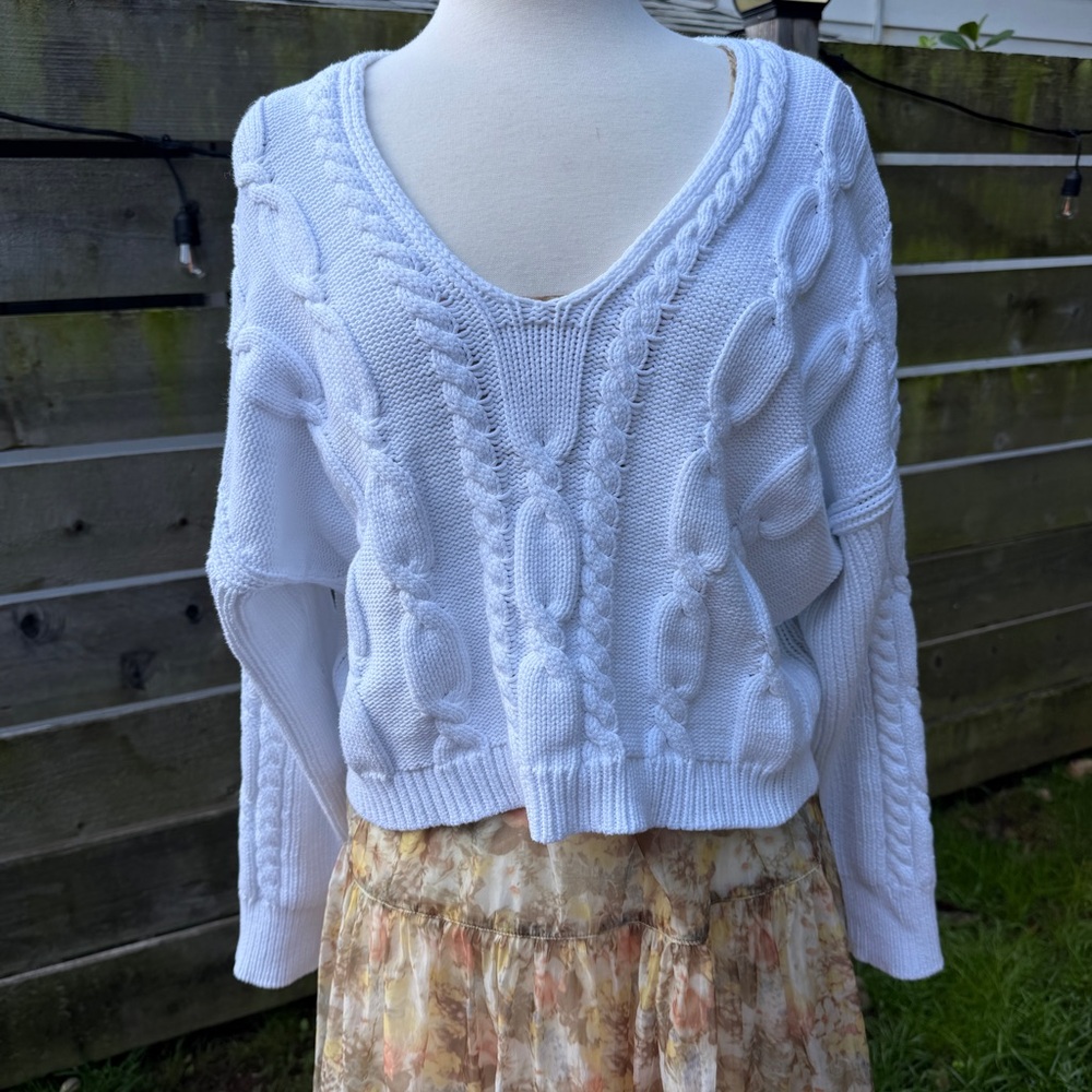 J. Crew Cable Knit White Sweater Chunky Cropped Preppy Academia Y2K Fisherman‎